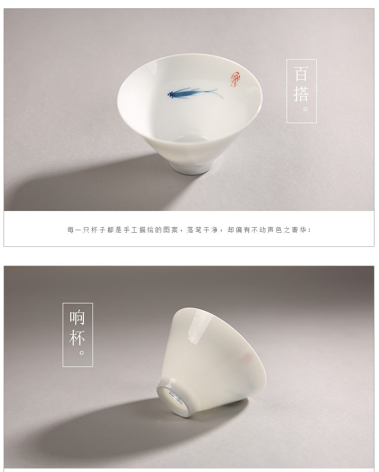 景徳鎮の螺纹の手描き茶杯、陶器の薄焼き功夫用の飲茶用の白磁の茶碗、普洱茶用の音が鳴るカップ